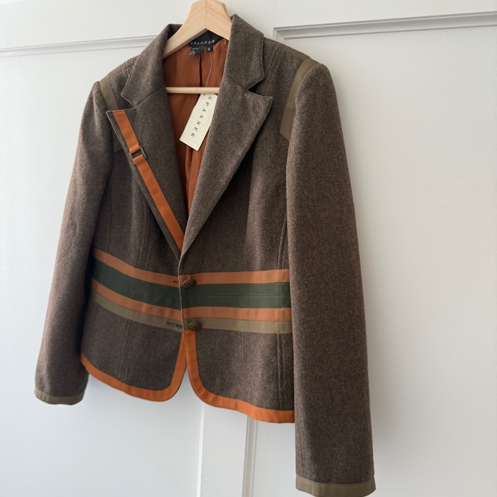 Army Green Vintage Wool Blazer with Ribbon Detail, US 10